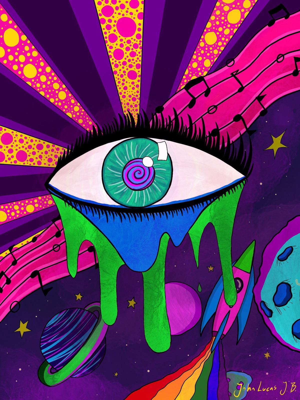 Colourful digital illustration of an Eye floating in a colourful space-like environment and crying blue and green tears.