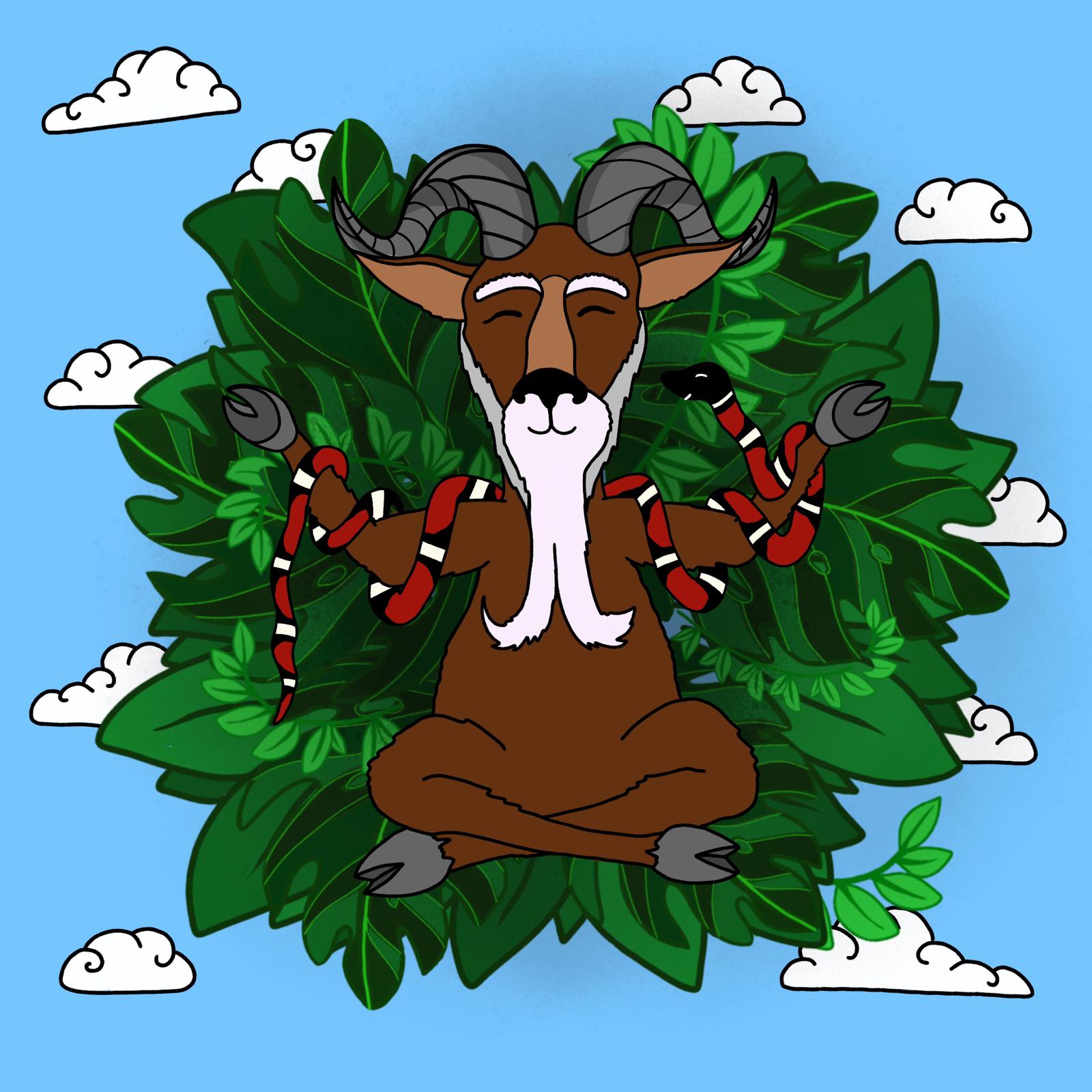 Digital Illustration of a goat meditating with a snake on a floral background.