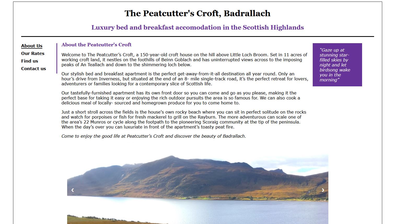 Screenshot of the Peatcutters Croft's website home page.